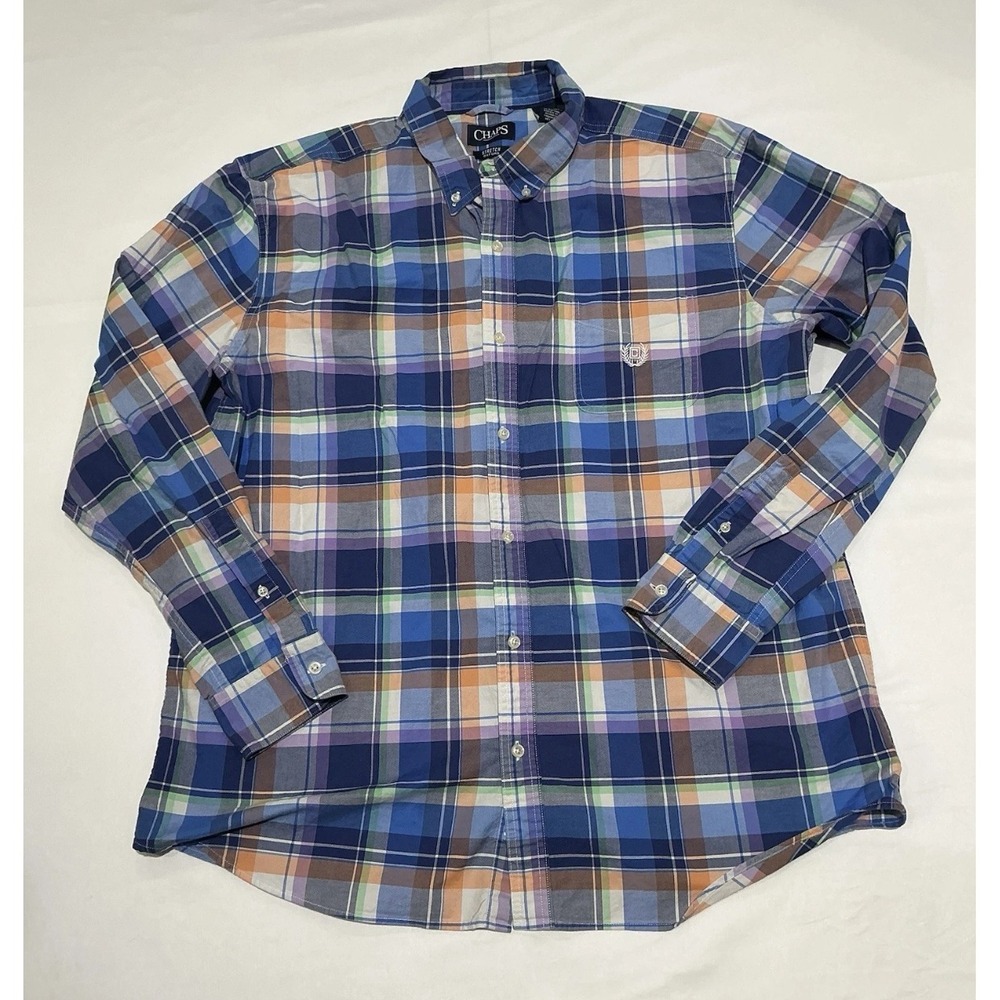 Chaps Oxford Shirt Mens Blue Plaid Stretch Cotton Button Down Long Sleeve